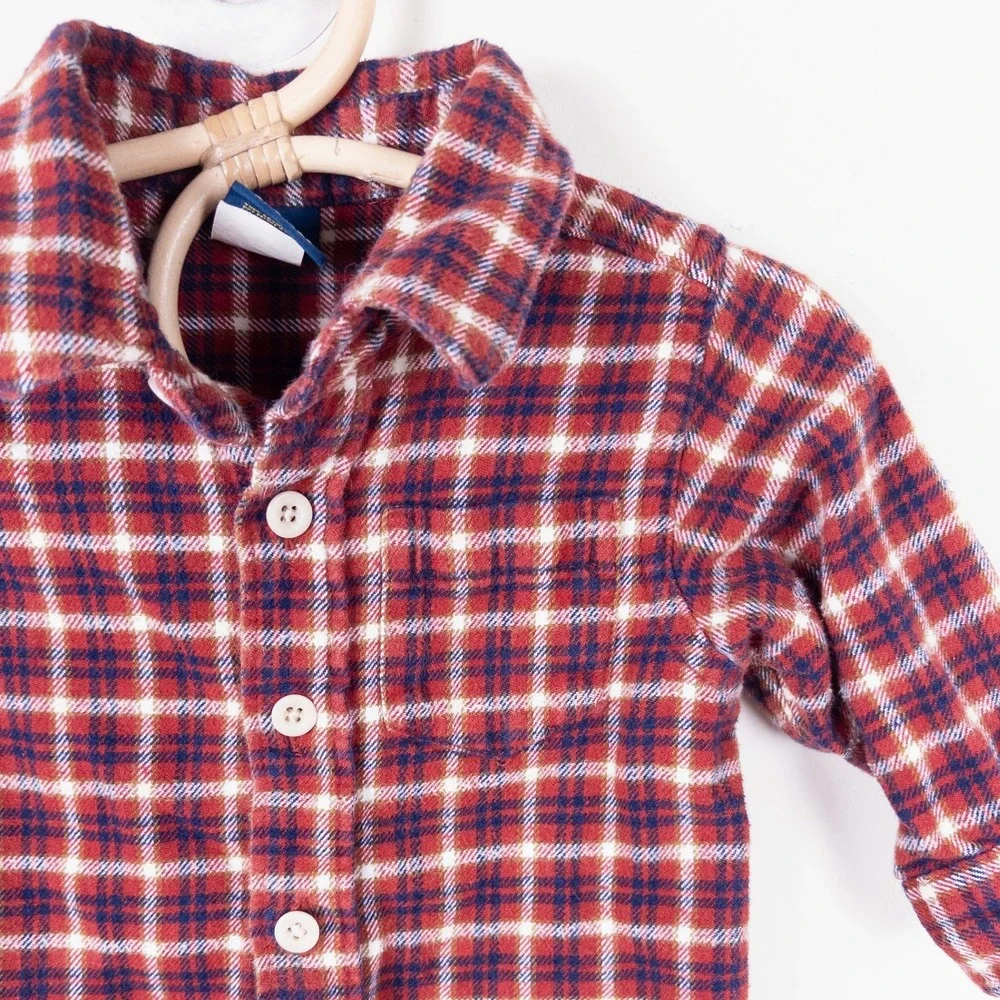 OshKosh B'gosh Flannel Shirt Baby 6-9M Red Navy Blue Plaid Button Front